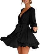 Women Dress Deep V-Neck Long Sleeve Waist Tie Ruffle Mini Swing Skater Dresses