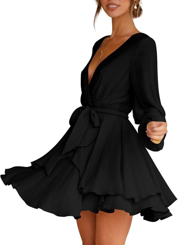 Women Dress Deep V-Neck Long Sleeve Waist Tie Ruffle Mini Swing Skater Dresses - Image 2