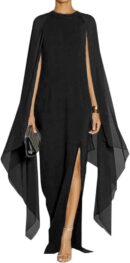 Women Elegant High Split Flare Sleeve Formal Evening Gowns Maxi Dress with Cape