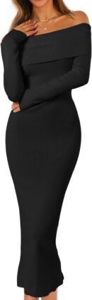 Women Winter Off Shoulder Bodycon Sweater Dress Formal Long Sleeve Elegant Cocktail Party Midi Maxi Dresses