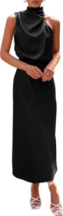 Women 2025 Summer Satin Dress Elegant Sleeveless Mock Neck Cocktail Party Maxi Dresses