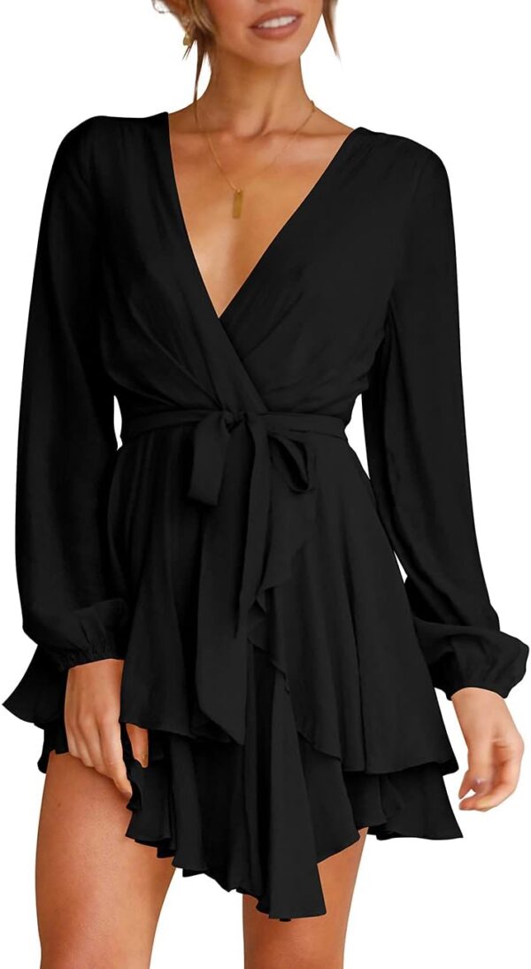 Women Dress Deep V-Neck Long Sleeve Waist Tie Ruffle Mini Swing Skater Dresses