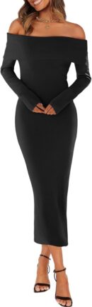 Women Winter Off Shoulder Bodycon Sweater Dress Formal Long Sleeve Elegant Cocktail Party Midi Maxi Dresses