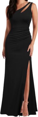 Women One Shoulder Sleeveless Split Bodycon Mermaid Evening Cocktail Long Dress