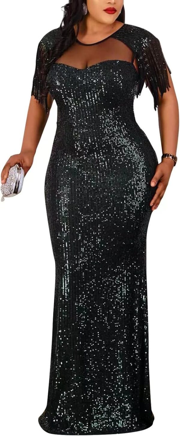 Sexy Sequin Tassel Mesh Perspective Party Cocktail Bodycon Evening Club Maxi Dress