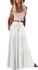 Women Summer Boho Maxi Skirt A-Line Flowy Ruffle Tiered Elastic High Waist Beach Long Skirts with Pockets
