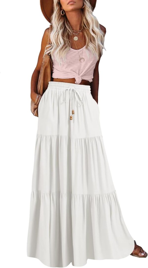 Women Summer Boho Maxi Skirt A-Line Flowy Ruffle Tiered Elastic High Waist Beach Long Skirts with Pockets