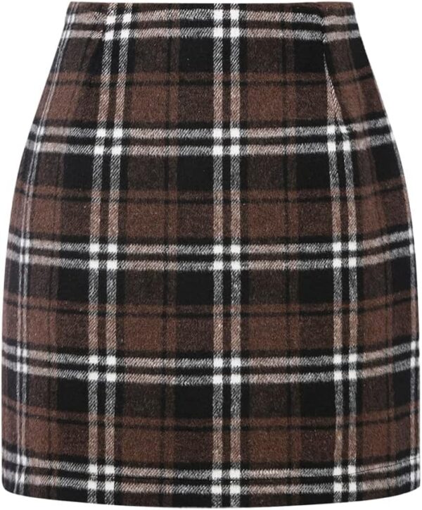 Women Wool Plaid Mini Skirt Fall Winter High Waisted Bodycon Pencil Skirt