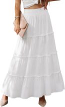 Women Summer Boho Maxi Skirts Smocked High Wasited Flowy Tiered Ruffle A Line Long Beach Skirt