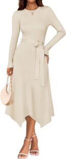 Women 2025 Spring Long Sleeve Crewneck Ribbed Knit High Waist Midi Sweater Dresses with Belt