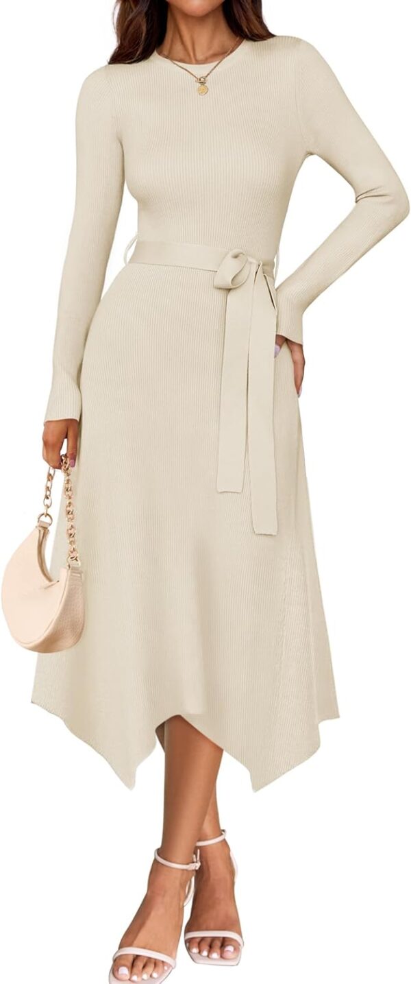 Women 2025 Spring Long Sleeve Crewneck Ribbed Knit High Waist Midi Sweater Dresses with Belt