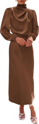 Women Mock Neck Satin Dress Elegant Long Sleeve Elastic High Waist Formal Wedding Cocktail Party Maxi Dresses