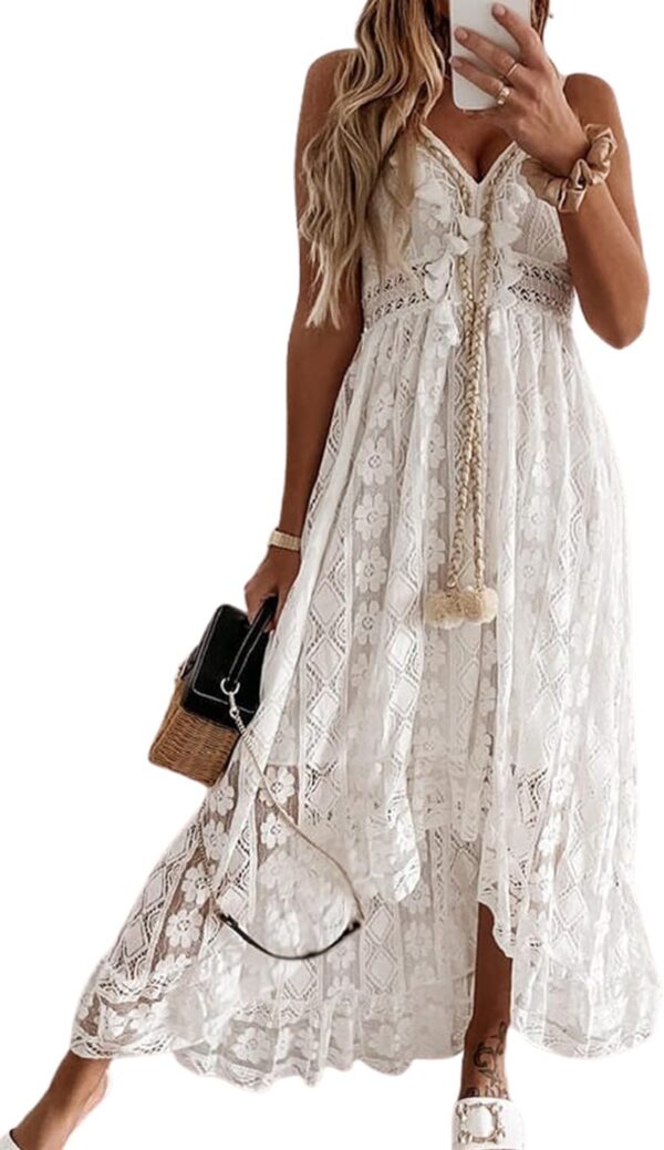 Women Summer Dresses Sleeveless Lace Casual Tassel Beach Spaghetti Straps Flowy Maxi Sun Dress
