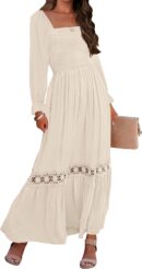 Women 2025 Boho Long Sleeve Square Neck Smocked High Waist Flowy A Line Lace Trim Maxi Dress