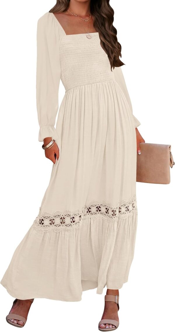 Women 2025 Boho Long Sleeve Square Neck Smocked High Waist Flowy A Line Lace Trim Maxi Dress