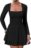 Women Square Neck Ruffle Hem Mini Dress Ruched Waist Long Sleeve Corset Short Party Dresses