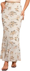 Women Floral Print High Waist Bodycon Ruffle Hem Fishtail Long Skirt