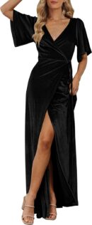 Women V Neck Wrap Velvet Maxi Dress Bell Sleeve Split Bridesmaid Cocktail Party Dresses
