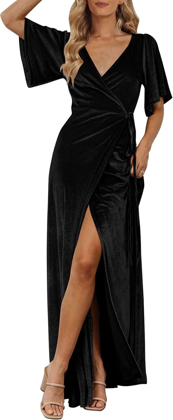 Women V Neck Wrap Velvet Maxi Dress Bell Sleeve Split Bridesmaid Cocktail Party Dresses