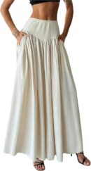 Women Pleated Flowy Long Skirts High Waist Maxi Skirt with Pocket