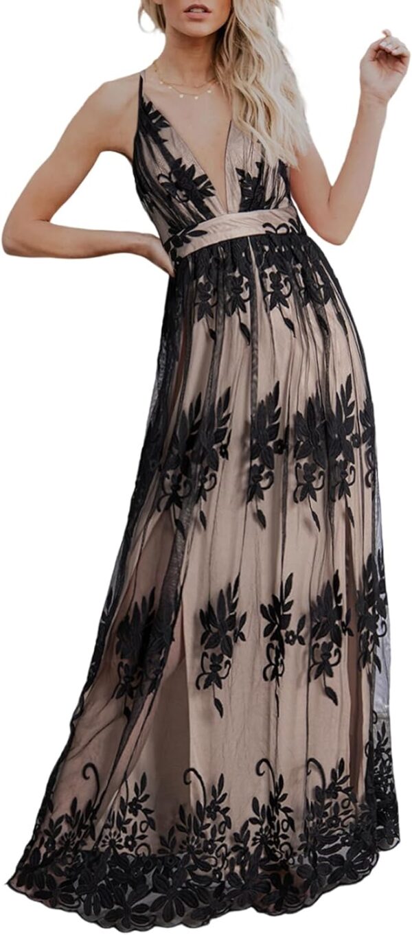 Women 2025 Formal Dresses Deep V-Neck Embroidered Lace Mesh Bridesmaid Wedding Guest Maxi Dress