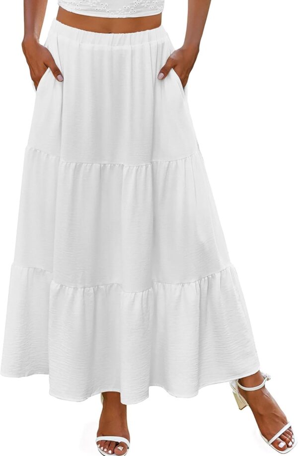 Skirts for Women Summer Boho Casual Maxi Flowy Elastic High Waist A-Line Tiered Swing Floral Long Skirts with Pockets