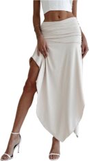 Women Ruched Asymmetrical Split Skirt Casual Maxi Skirts