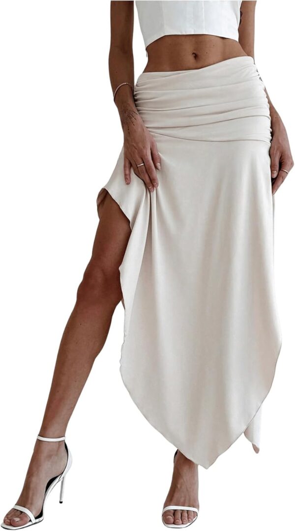 Women Ruched Asymmetrical Split Skirt Casual Maxi Skirts