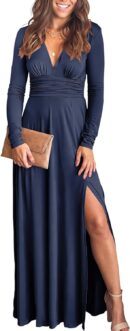 Women Deep V Neck Long Sleeve Slit 2024 Fall Elegant Formal Wedding Guest Cocktail Evening Date Prom Maxi Long Dress