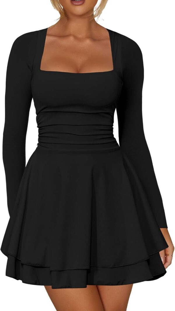 Women Square Neck Ruffle Hem Mini Dress Ruched Waist Long Sleeve Corset Short Party Dresses