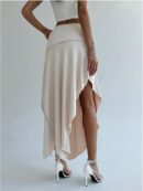 Women Ruched Asymmetrical Split Skirt Casual Maxi Skirts