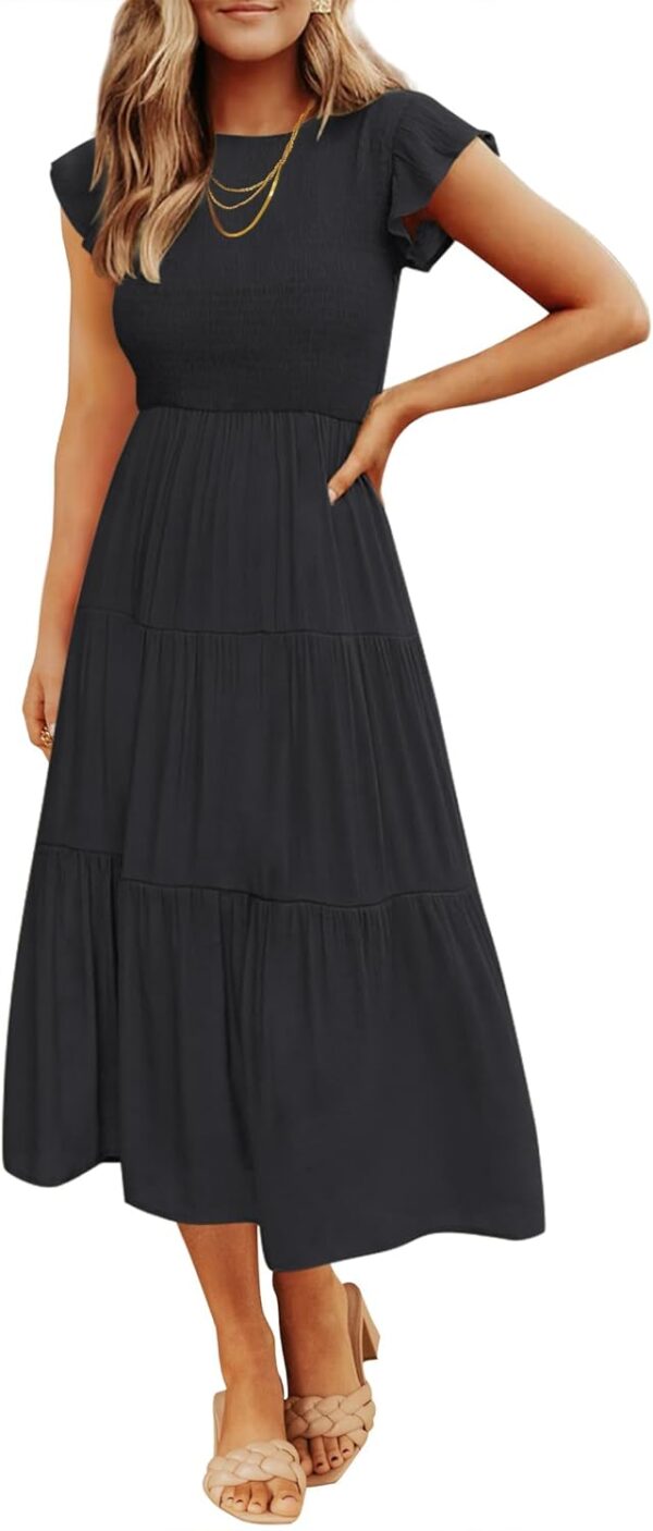 Women 2025 Summer Casual Flutter Short Sleeve Crew Neck Smocked Elastic Waist Tiered Midi Dress
