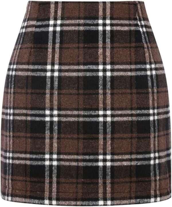 Women Wool Plaid Mini Skirt Fall Winter High Waisted Bodycon Pencil Skirt - Image 2