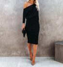 Women Off The Shoulder 3/4 Sleeve Batwing HIPS-Wrap Pencil Party Sexy Bodycon Midi Dress