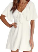 Women Dresses 2025 Spring Summer Deep V Neck Elegant Bow tie Mini Dress S-XL