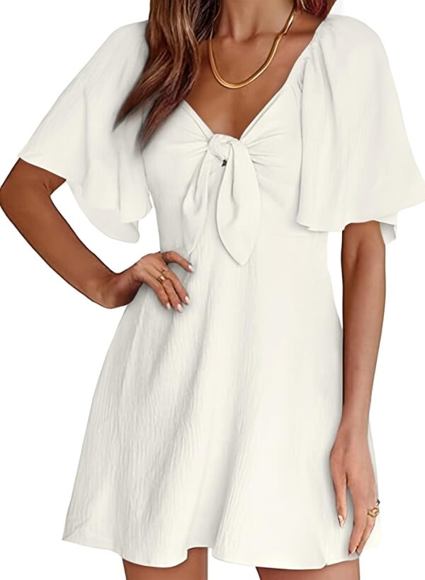 Women Dresses 2025 Spring Summer Deep V Neck Elegant Bow tie Mini Dress S-XL
