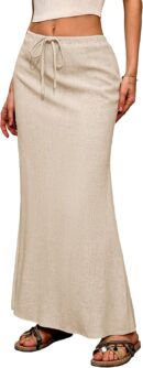 Linen Flared Maxi Skirt with Back Slit - Elastic Waist Drawstring Long Flowy Ankle-Length Skirt