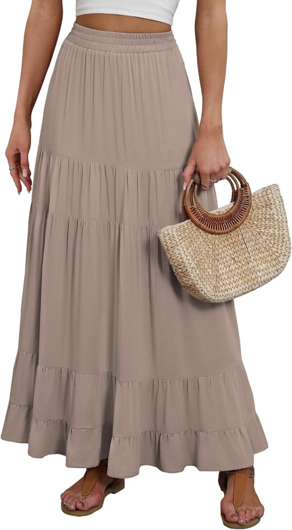 Women Maxi Skirt Elastic High Waist Swing Tiered A-line Flowy Pleated Boho Beach Vacation Long Skirts
