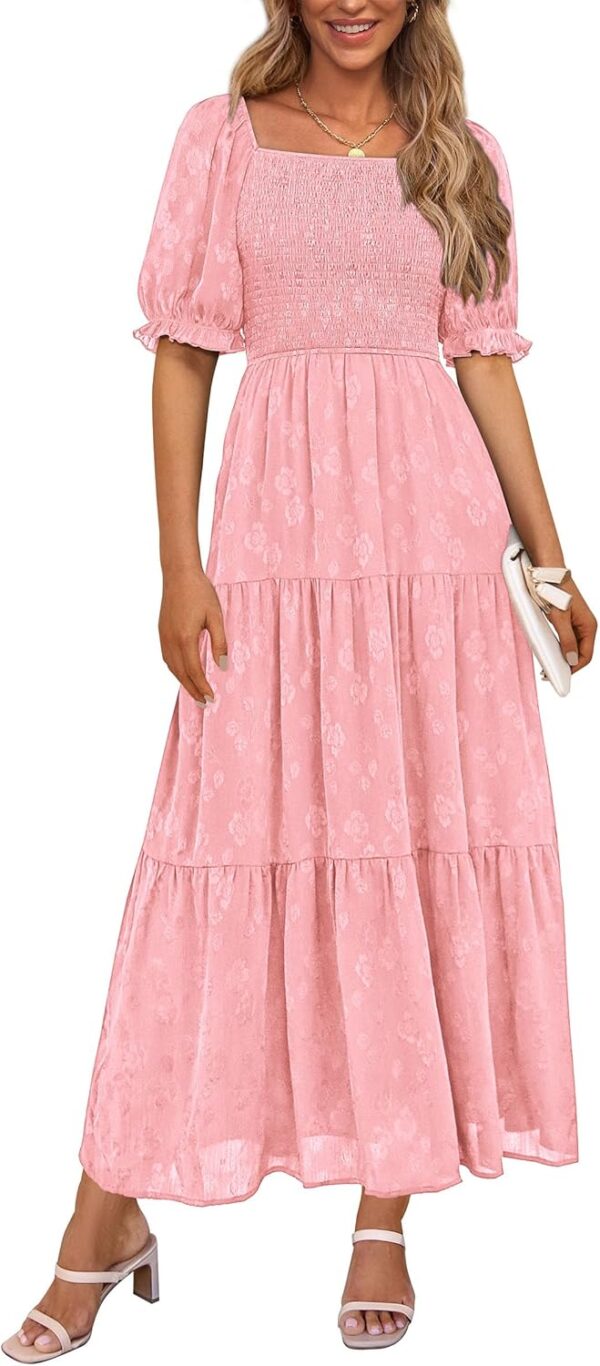 Women Summer Casual Midi Dresses Square Neck Short Sleeve Smocked A Line Floral Flowy Elegant Boho Dress