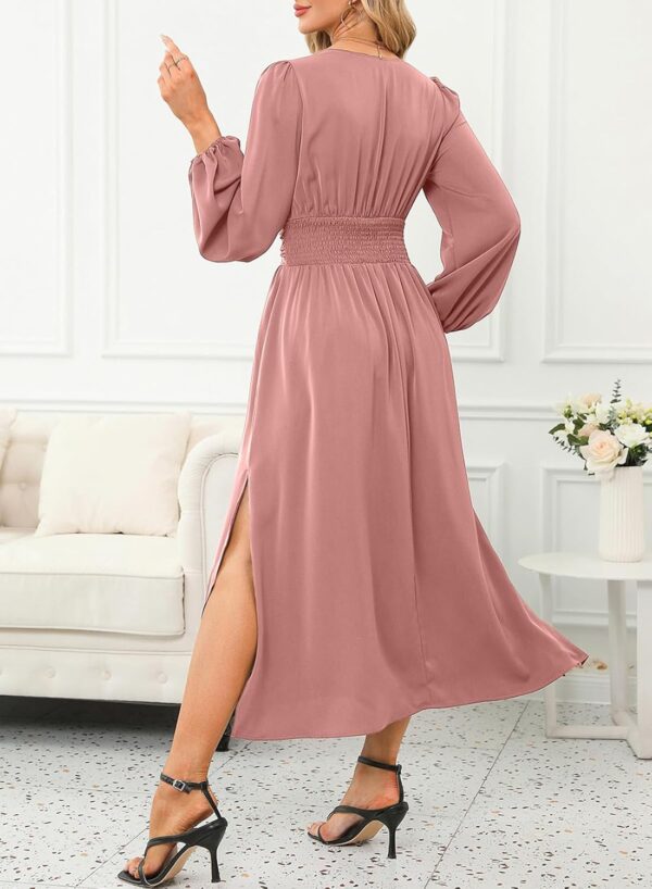 Women Wrap V-Neck Empire Waist Dress Lantern Sleeve Ruched Side Slit Elegant Maxi Dress - Image 2