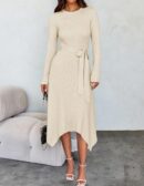 Women 2025 Spring Long Sleeve Crewneck Ribbed Knit High Waist Midi Sweater Dresses with Belt