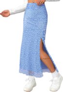 Women Mesh Slit Split Long Skirts High Waisted Sexy Summer Maxi Skirts