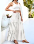 Women Summer Boho Maxi Skirt A-Line Flowy Ruffle Tiered Elastic High Waist Beach Long Skirts with Pockets