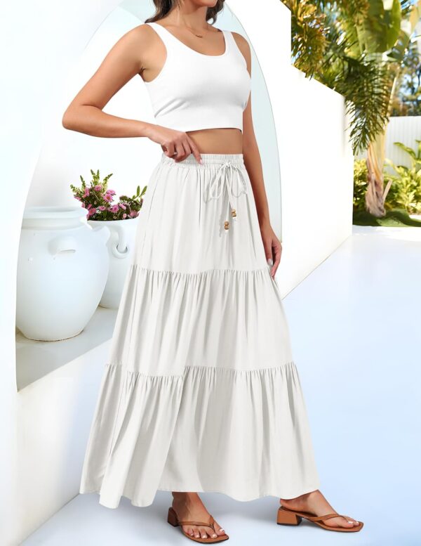 Women Summer Boho Maxi Skirt A-Line Flowy Ruffle Tiered Elastic High Waist Beach Long Skirts with Pockets - Image 2