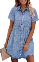 Denim Dress for Women Babydoll Tiered Short Sleeve Button Down Jean Shirt Dresses