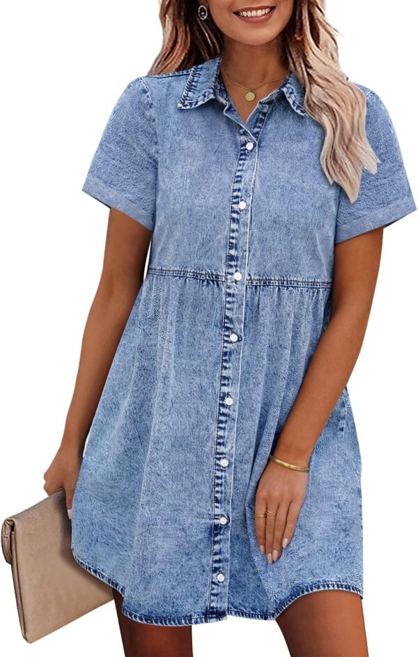 Denim Dress for Women Babydoll Tiered Short Sleeve Button Down Jean Shirt Dresses