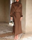 Women Mock Neck Satin Dress Elegant Long Sleeve Elastic High Waist Formal Wedding Cocktail Party Maxi Dresses