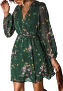 Women Mini Dresses Casual Spring V Neck Chiffon Long Peasant Sleeves Flowy Summer Dress