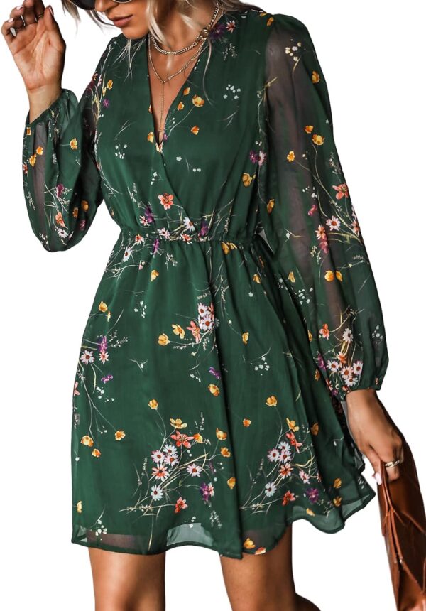 Women Mini Dresses Casual Spring V Neck Chiffon Long Peasant Sleeves Flowy Summer Dress