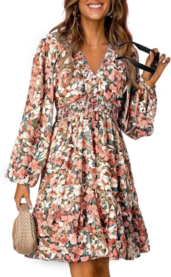 Women Dresses 2025 Boho Floral V Neck Long Sleeve Smocked Elastic Waist Casual A-Line Swing Mini Dress Sundress